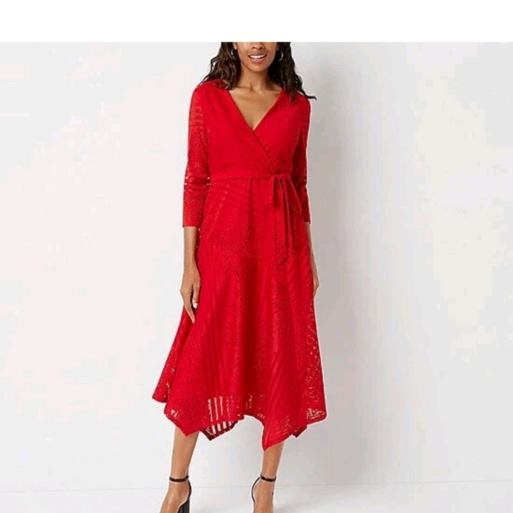 Danny & Nicole Ruby Red 3/4 Sleeve Dress Striped Floral Lace Midi Sz. 10